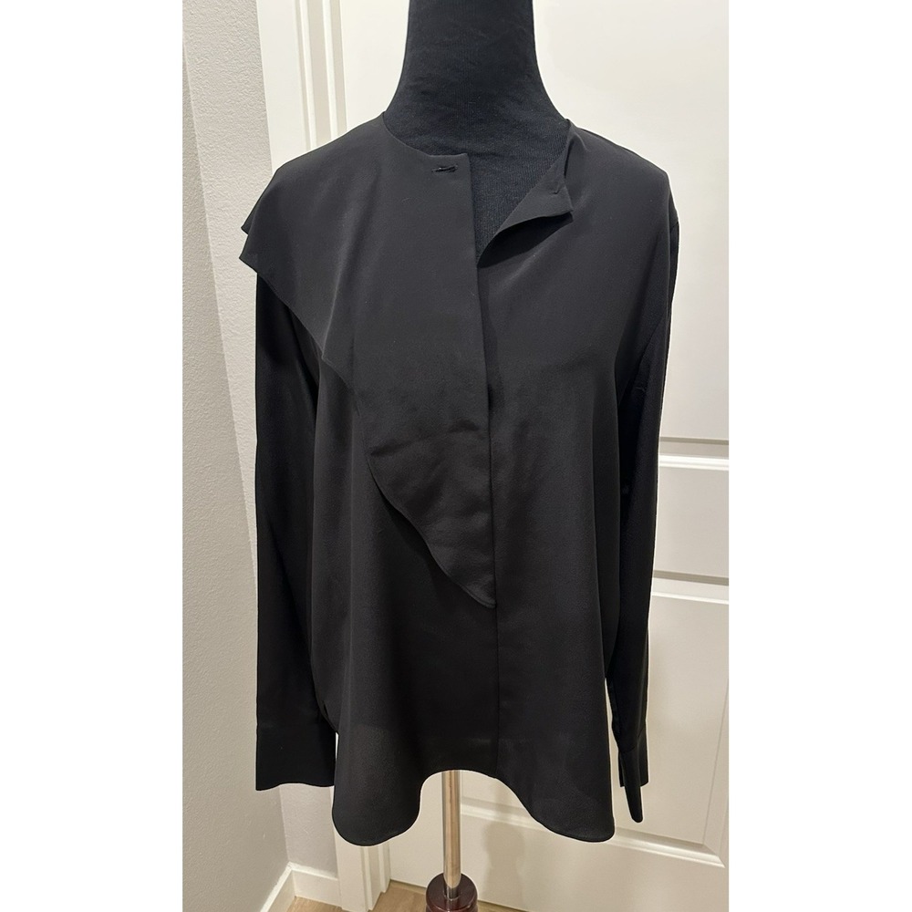 Classic Black 100% Silk Blouse VINCE Oversized Ruffle Panel 6